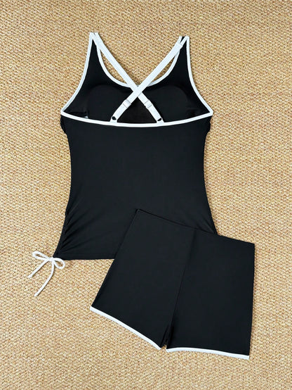 Swim Lushoire New Summer Women Beach Outfit Sleeveless Round Neck Contrast Color Drawstring Waist Shorts Black Casual Vacation Bikini Set