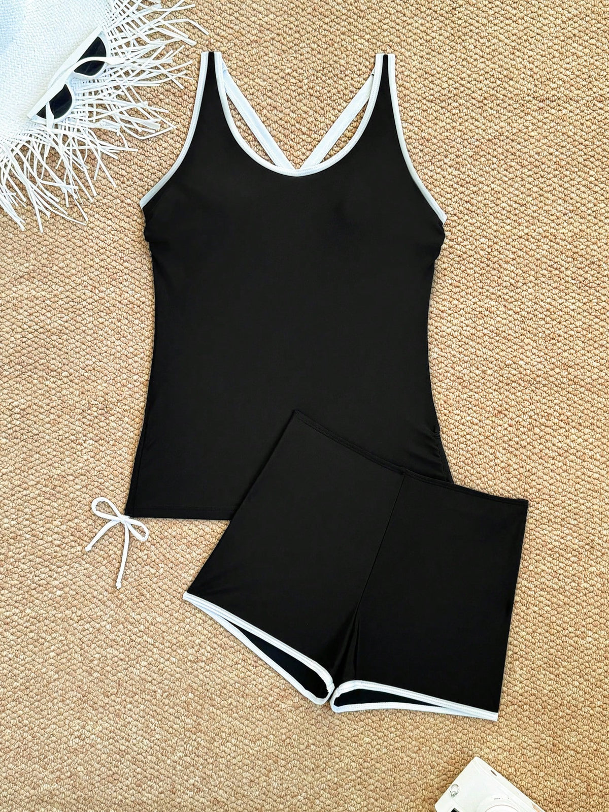 Swim Lushoire New Summer Women Beach Outfit Sleeveless Round Neck Contrast Color Drawstring Waist Shorts Black Casual Vacation Bikini Set