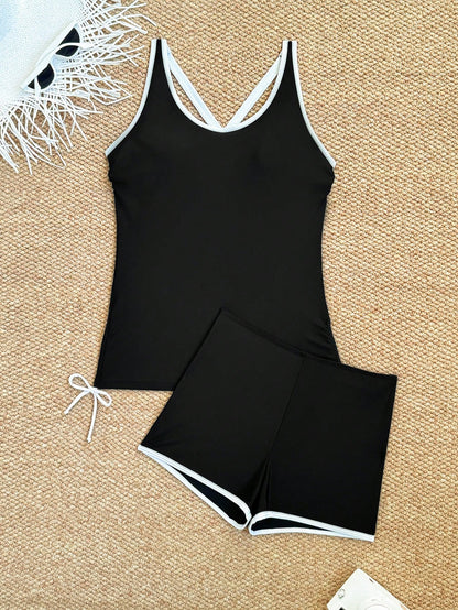 Swim Lushoire New Summer Women Beach Outfit Sleeveless Round Neck Contrast Color Drawstring Waist Shorts Black Casual Vacation Bikini Set