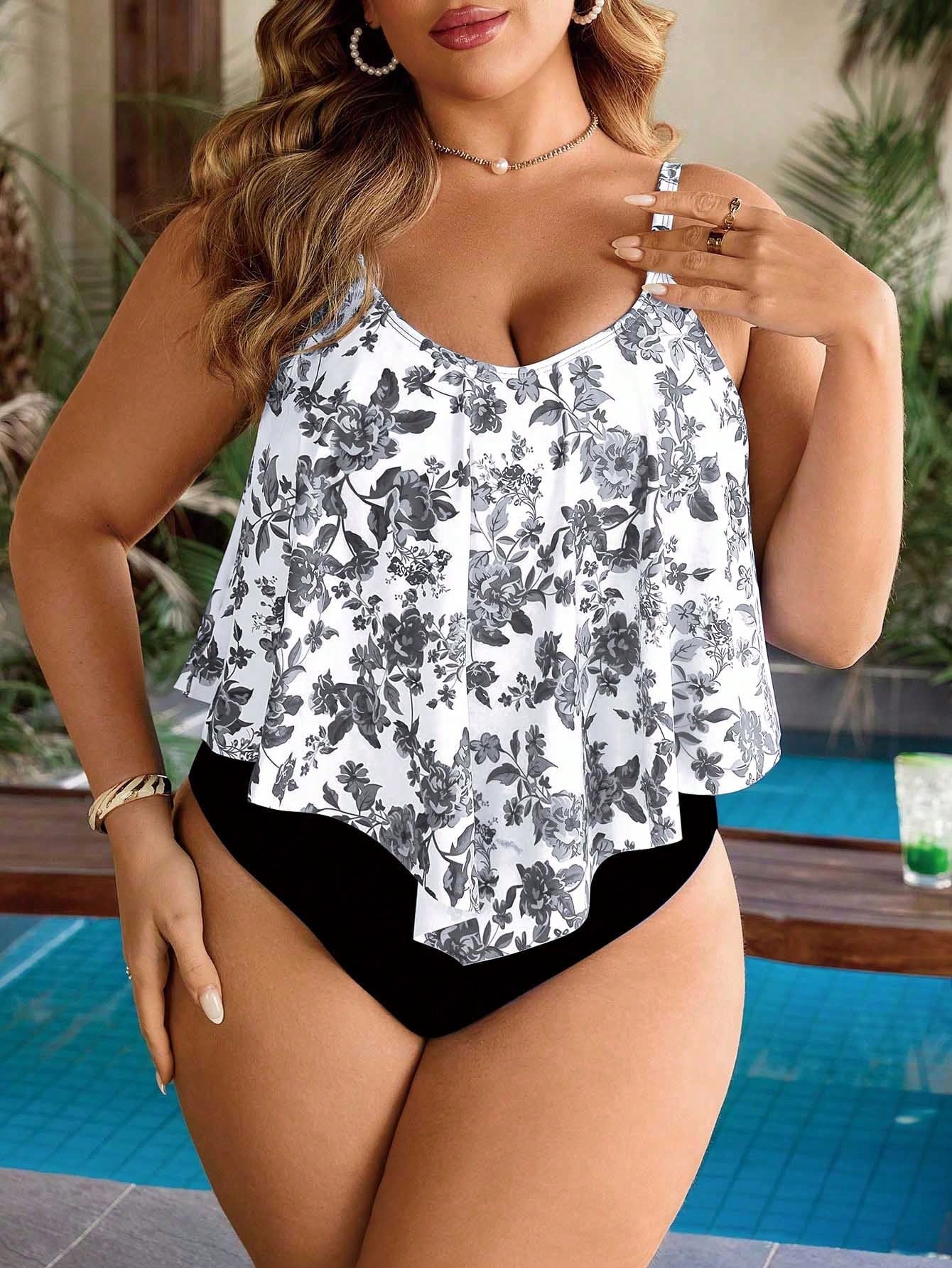 Swim Lushoire Plus Size 2pcs Set Women Chinoiserie Print Ruffle Hem Top And Pleated High Waist Bikini Set,White,Summer,Tropical,Bachelorette Party,Beach,Holiday