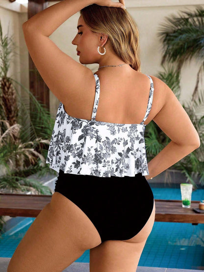Swim Lushoire Plus Size 2pcs Set Women Chinoiserie Print Ruffle Hem Top And Pleated High Waist Bikini Set,White,Summer,Tropical,Bachelorette Party,Beach,Holiday