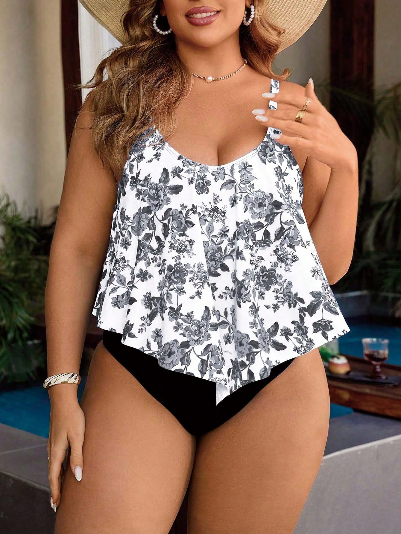 Swim Lushoire Plus Size 2pcs Set Women Chinoiserie Print Ruffle Hem Top And Pleated High Waist Bikini Set,White,Summer,Tropical,Bachelorette Party,Beach,Holiday