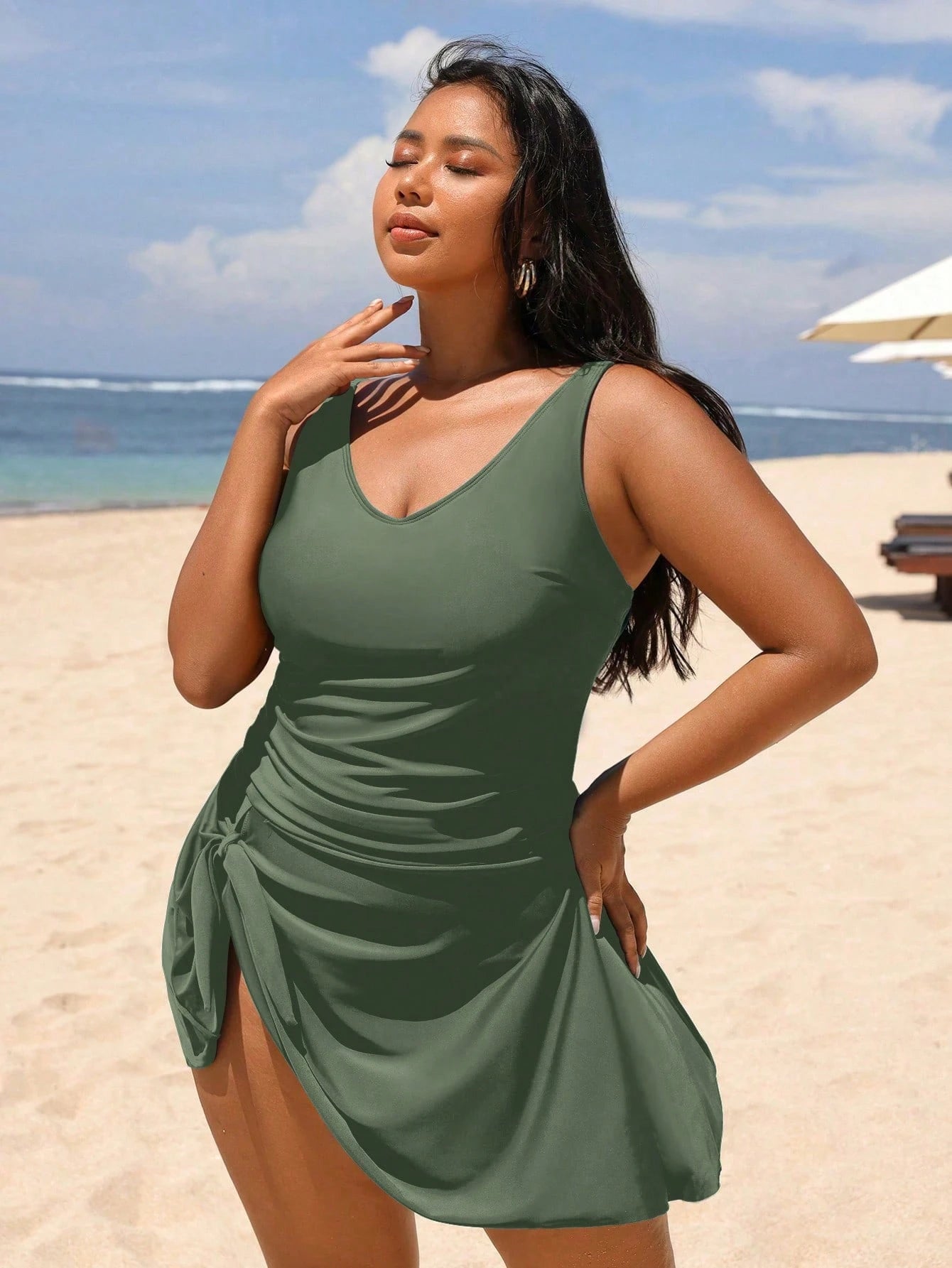 Swim Lushoire Plus Size Fashionable Side Tie Ruched One-Piece Swimsuit Summer