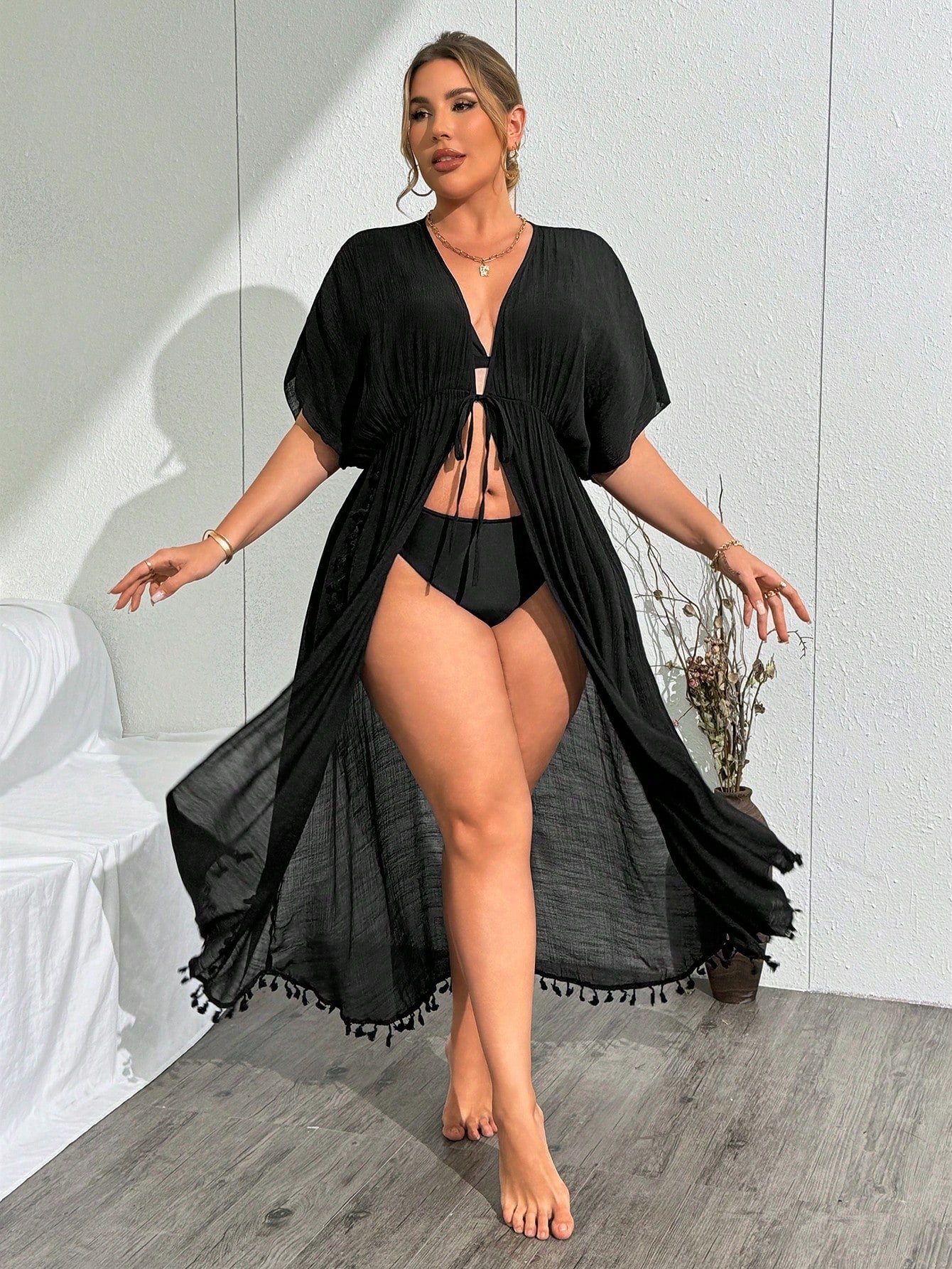 Swim Lushoire Plus Size Floral Kimono Cardigan With Fringe Details, For Beach Vacation For Summer