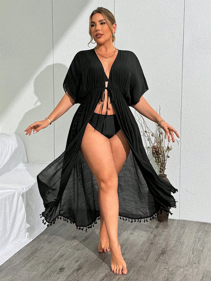 Swim Lushoire Plus Size Floral Kimono Cardigan With Fringe Details, For Beach Vacation For Summer