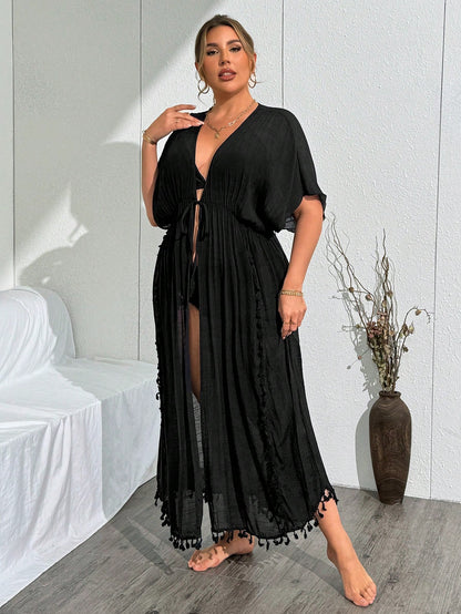 Swim Lushoire Plus Size Floral Kimono Cardigan With Fringe Details, For Beach Vacation For Summer