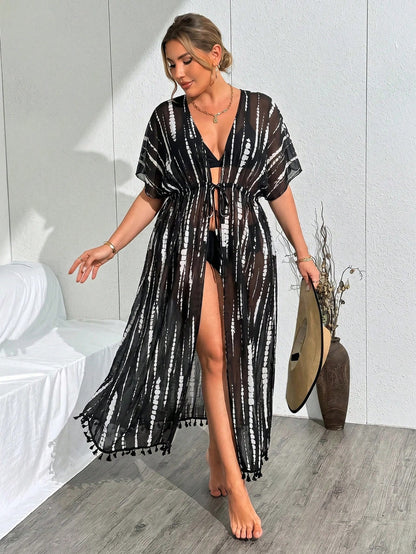 Swim Lushoire Plus Size Floral Kimono Cardigan With Fringe Details, For Beach Vacation For Summer