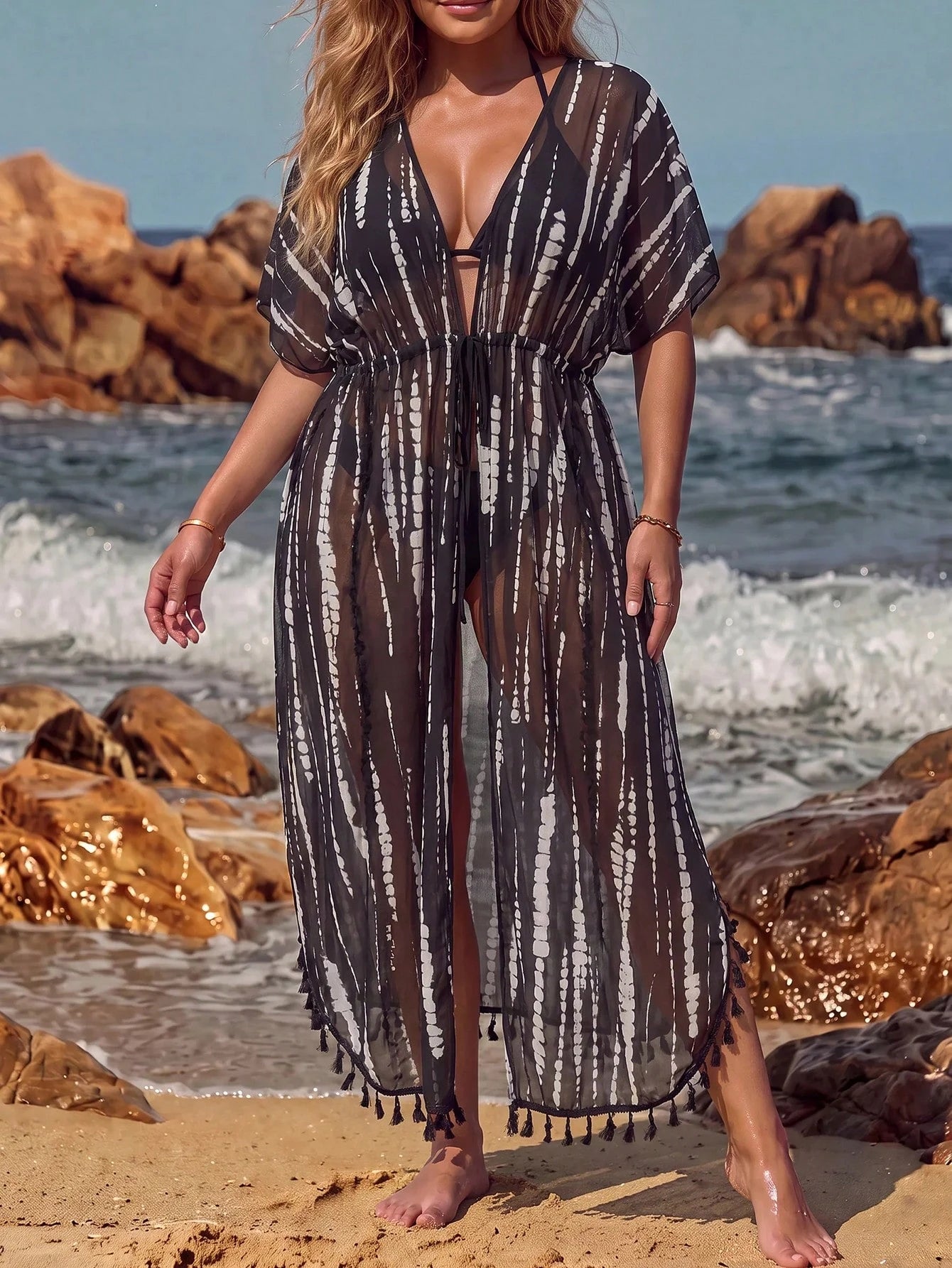 Swim Lushoire Plus Size Floral Kimono Cardigan With Fringe Details, For Beach Vacation For Summer