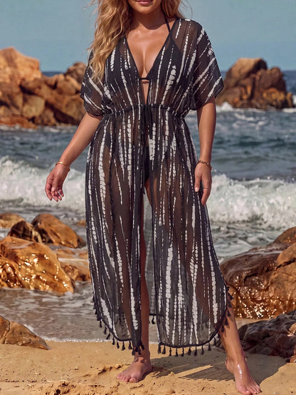 Swim Lushoire Plus Size Floral Kimono Cardigan With Fringe Details, For Beach Vacation For Summer