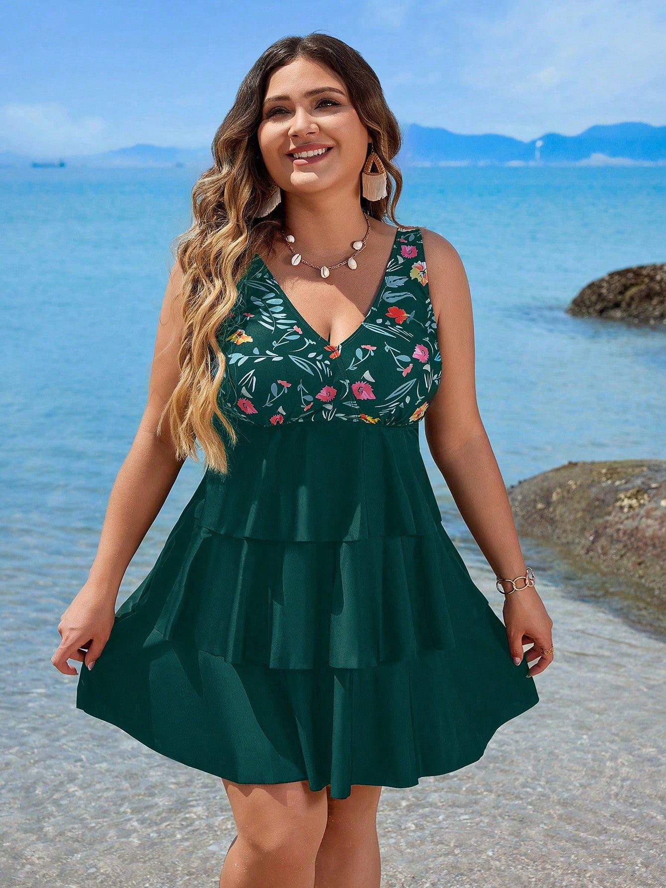 Swim Lushoire Plus Size Floral Print Patchwork Tankini Swimwear Set For Summer Beach Vacation