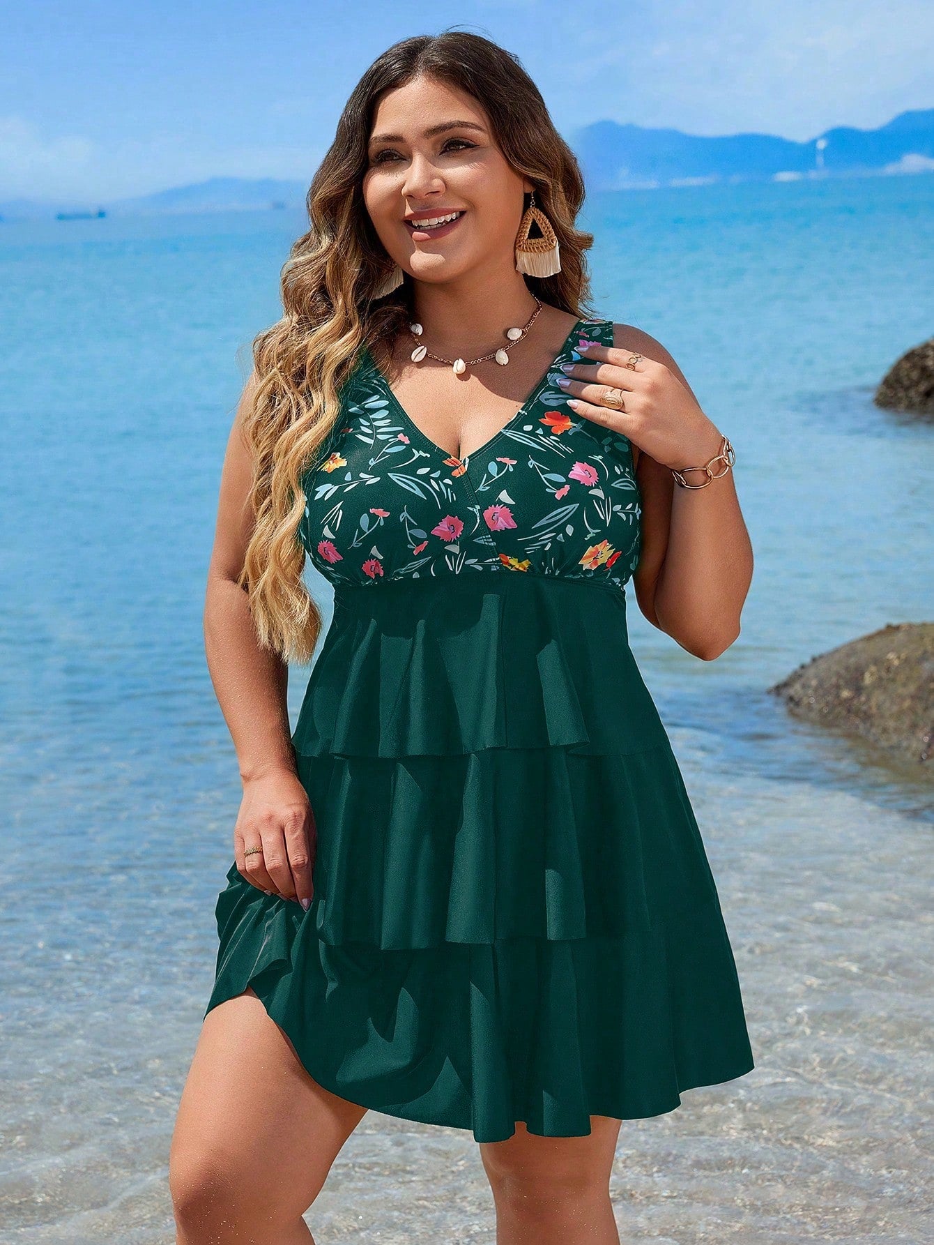 Swim Lushoire Plus Size Floral Print Patchwork Tankini Swimwear Set For Summer Beach Vacation