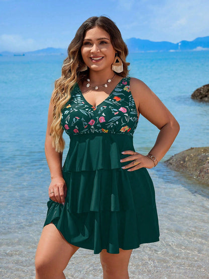 Swim Lushoire Plus Size Floral Print Patchwork Tankini Swimwear Set For Summer Beach Vacation