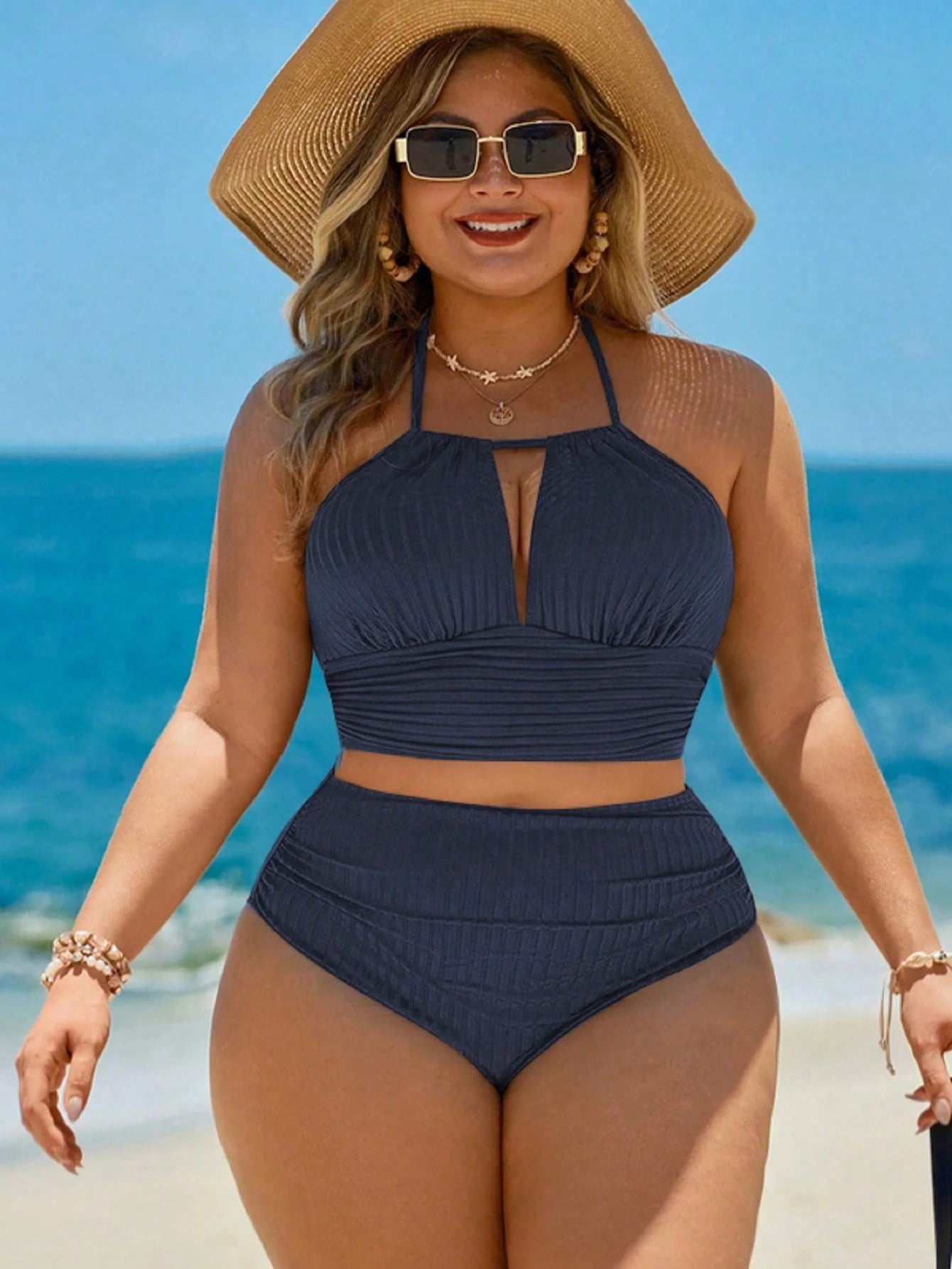 Swim Lushoire Plus Size Navy Blue Summer Beach Holiday Elegant One-Piece Swimwear With Coverup And Skirt,Tropical Palm Tree Print Outfit For Parties,Dates,New Year