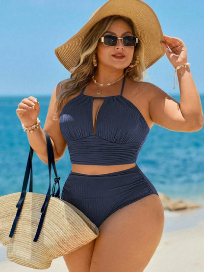 Swim Lushoire Plus Size Navy Blue Summer Beach Holiday Elegant One-Piece Swimwear With Coverup And Skirt,Tropical Palm Tree Print Outfit For Parties,Dates,New Year