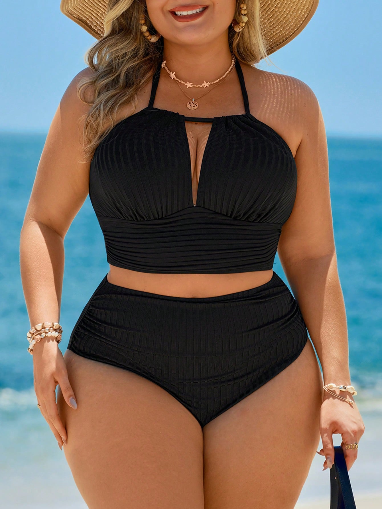 Swim Lushoire Plus Size Navy Blue Summer Beach Holiday Elegant One-Piece Swimwear With Coverup And Skirt,Tropical Palm Tree Print Outfit For Parties,Dates,New Year