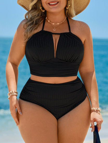 Swim Lushoire Plus Size Navy Blue Summer Beach Holiday Elegant One-Piece Swimwear With Coverup And Skirt,Tropical Palm Tree Print Outfit For Parties,Dates,New Year