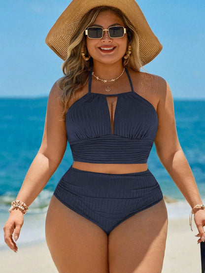 Swim Lushoire Plus Size Navy Blue Summer Beach Holiday Elegant One-Piece Swimwear With Coverup And Skirt,Tropical Palm Tree Print Outfit For Parties,Dates,New Year