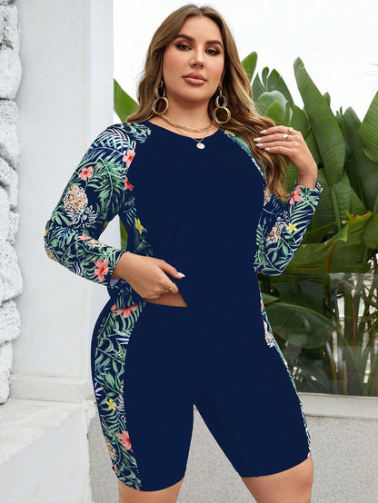 Swim Lushoire Plus Size Random Printed Sleeveless Bikini Set,Summer Beach