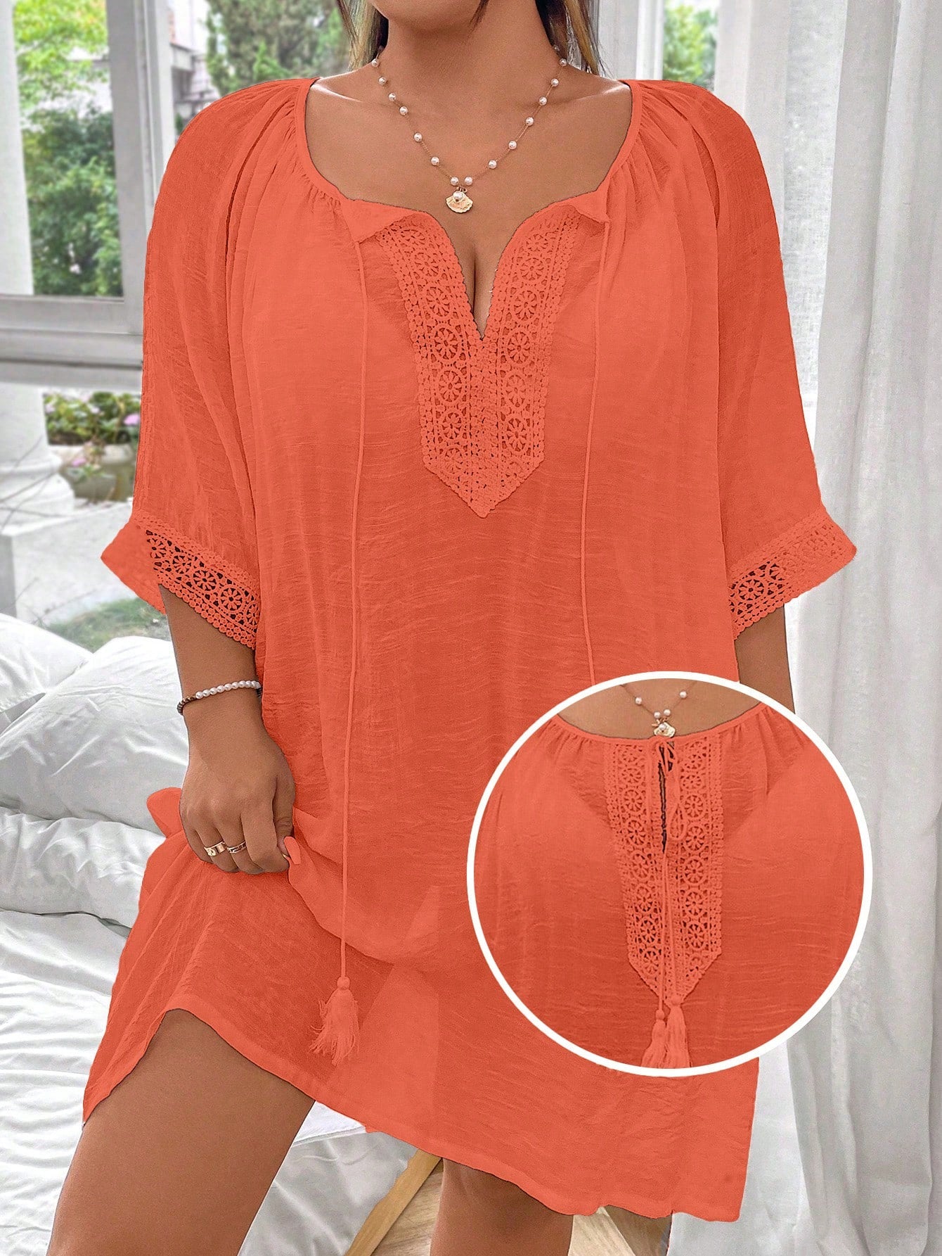 Swim Lushoire Plus Size Solid Color Lace-Up Casual Daily Cover Up,Summer Beach