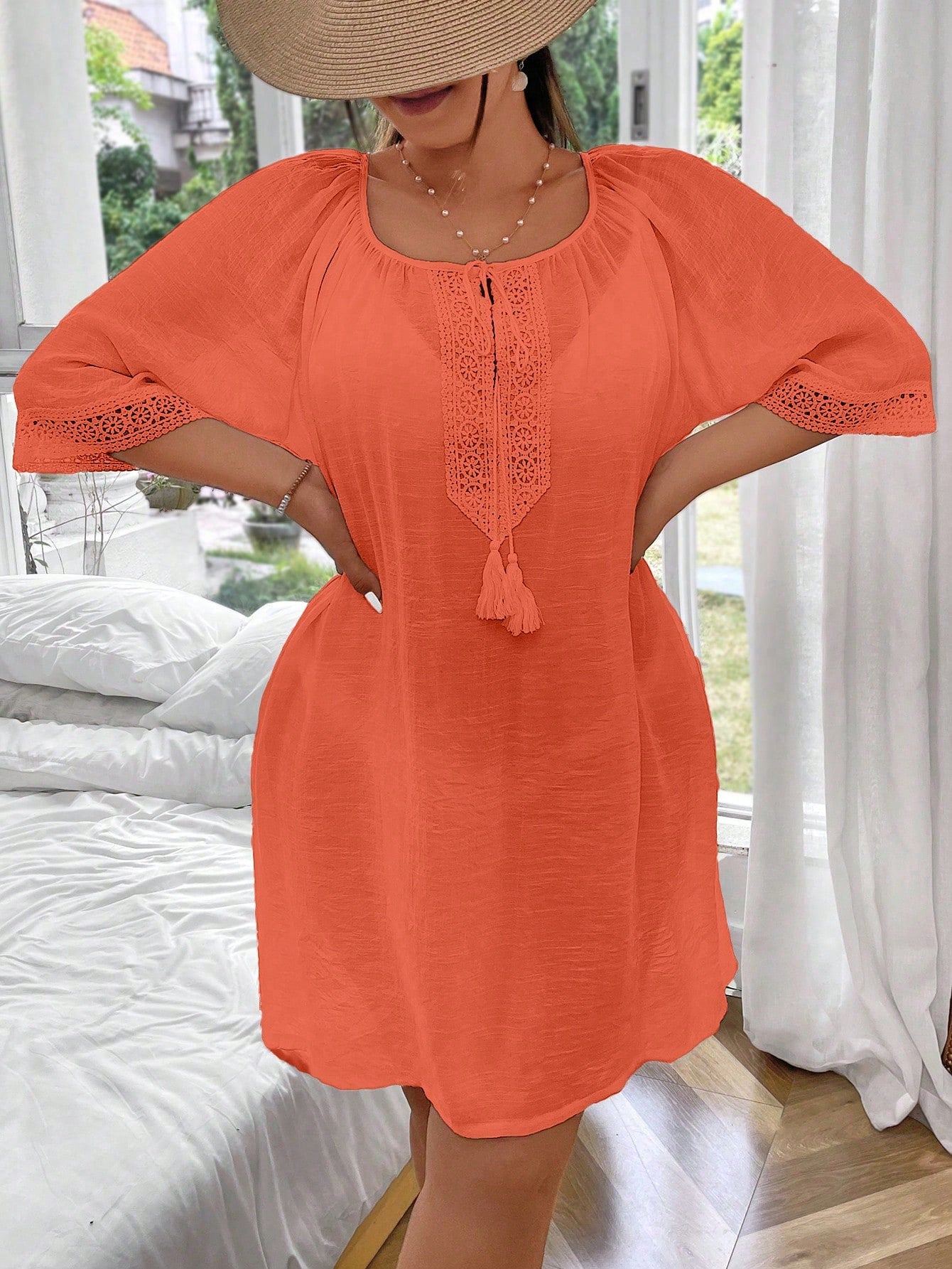 Swim Lushoire Plus Size Solid Color Lace-Up Casual Daily Cover Up,Summer Beach
