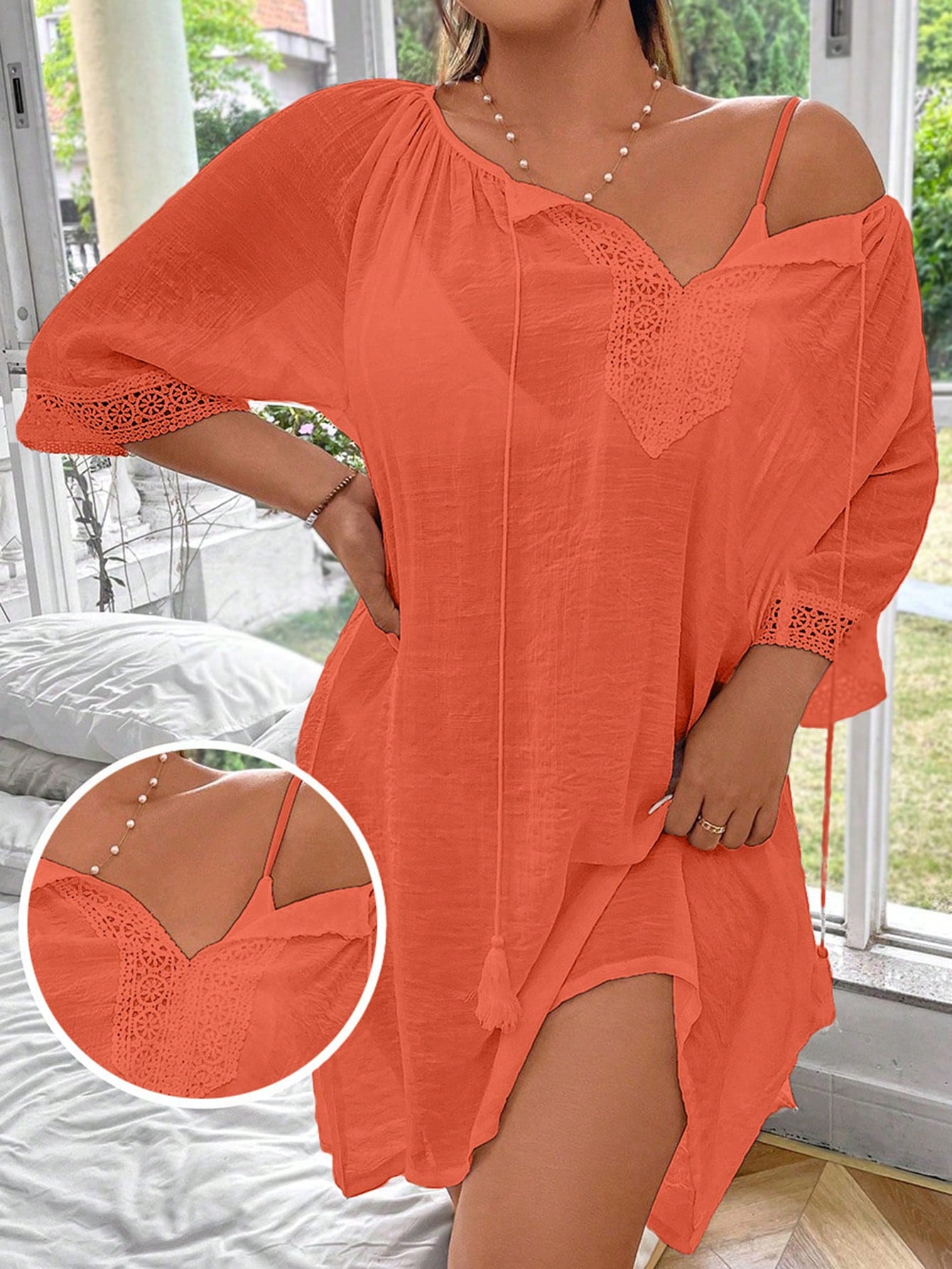 Swim Lushoire Plus Size Solid Color Lace-Up Casual Daily Cover Up,Summer Beach