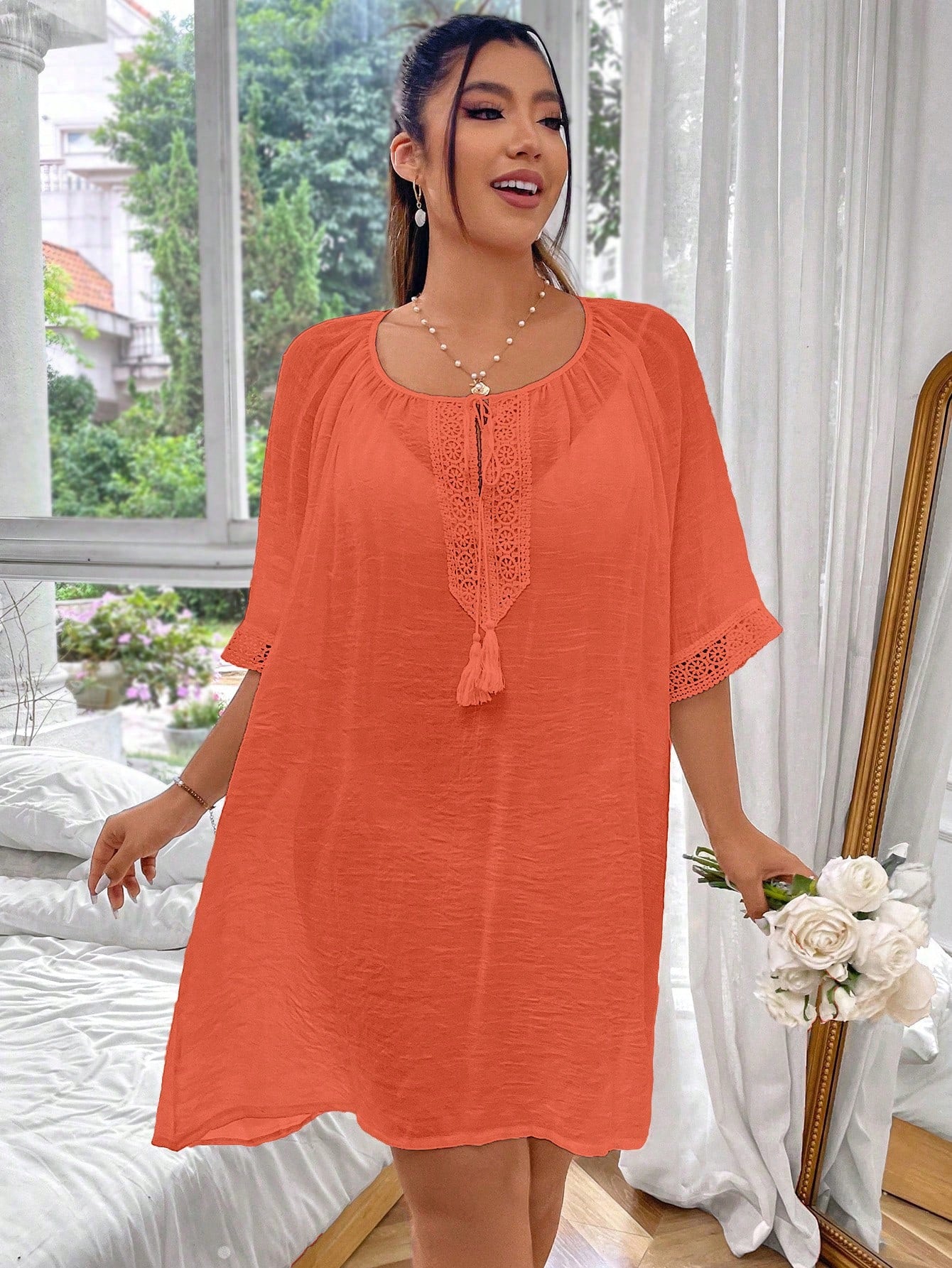 Swim Lushoire Plus Size Solid Color Lace-Up Casual Daily Cover Up,Summer Beach