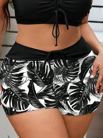 Swim Lushoire Plus Size Solid Color Patchwork Leaf Print High Waist Drawstring Swim Trunks, Minimalist Fashion Beach Vacation Swimwear Bottom