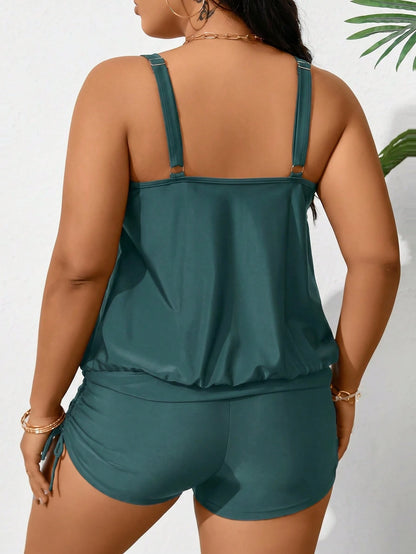 Swim Lushoire Plus Size Solid Color Tankini Set For Vacation And Beach