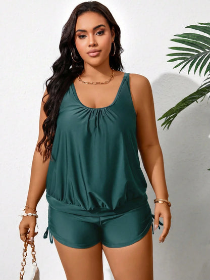 Swim Lushoire Plus Size Solid Color Tankini Set For Vacation And Beach