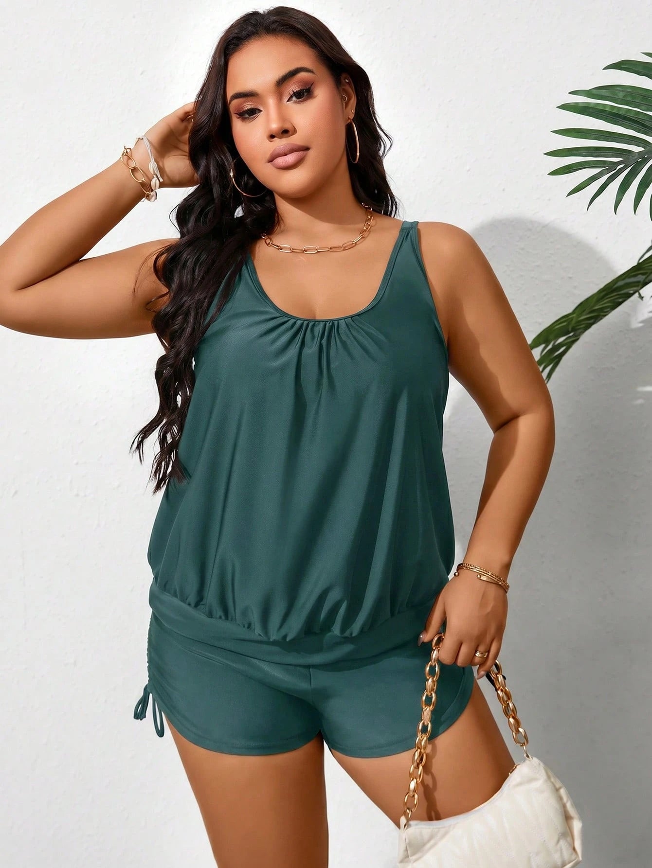 Swim Lushoire Plus Size Solid Color Tankini Set For Vacation And Beach