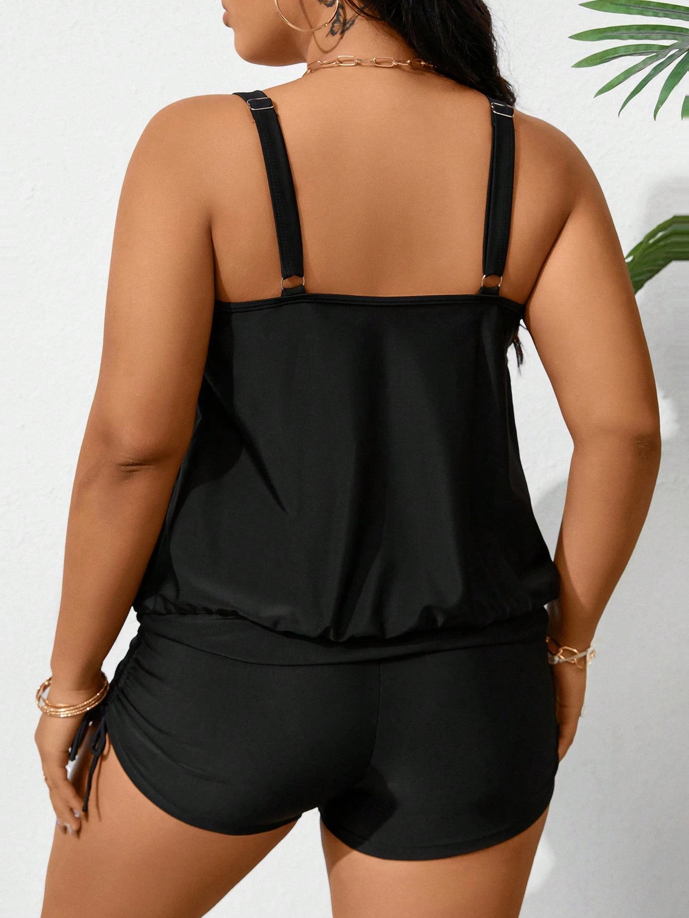 Swim Lushoire Plus Size Solid Color Tankini Set For Vacation And Beach