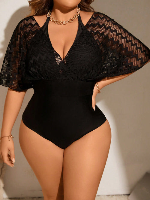 Swim Lushoire Plus Size Summer Beach Halter Mesh Spliced Fashionable One-Piece Swimsuit