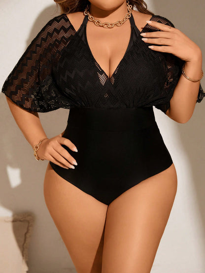 Swim Lushoire Plus Size Summer Beach Halter Mesh Spliced Fashionable One-Piece Swimsuit