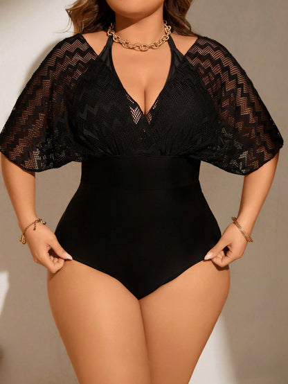 Swim Lushoire Plus Size Summer Beach Halter Mesh Spliced Fashionable One-Piece Swimsuit