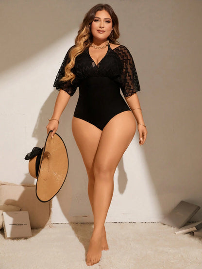 Swim Lushoire Plus Size Summer Beach Halter Mesh Spliced Fashionable One-Piece Swimsuit