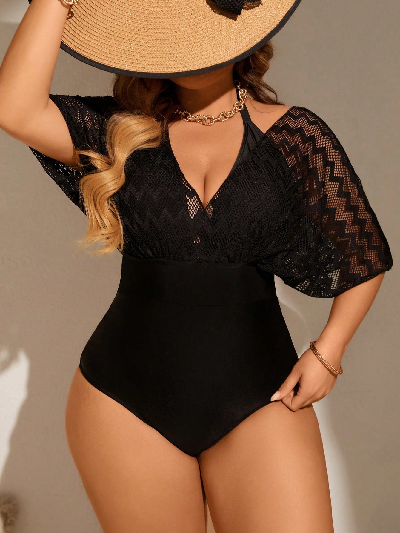 Swim Lushoire Plus Size Summer Beach Halter Mesh Spliced Fashionable One-Piece Swimsuit