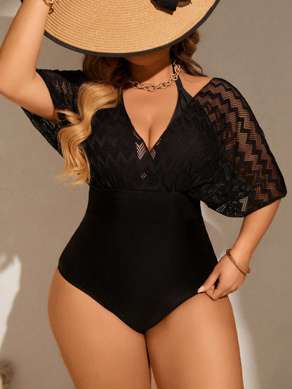 Swim Lushoire Plus Size Summer Beach Halter Mesh Spliced Fashionable One-Piece Swimsuit