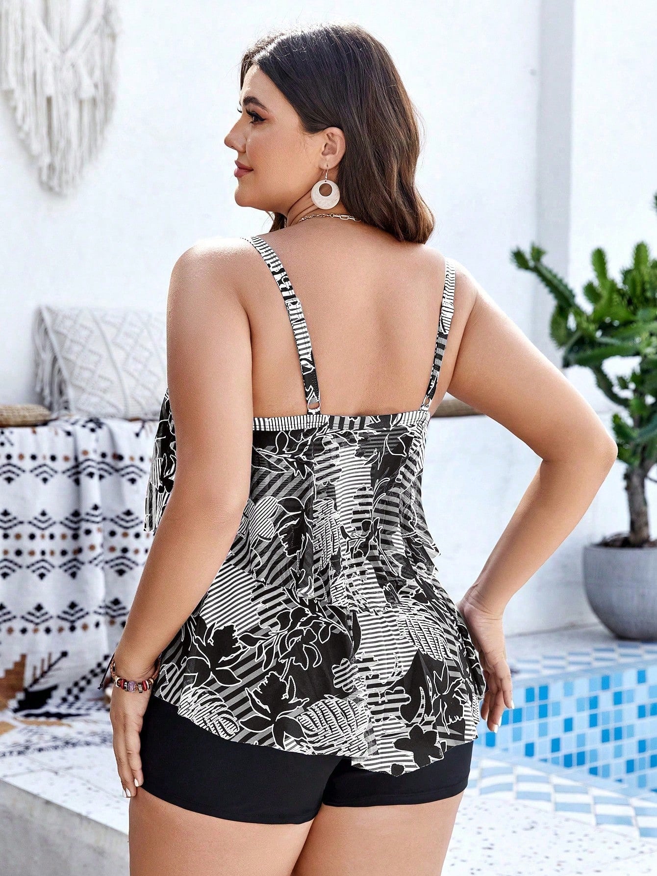 Swim Lushoire Plus Size Summer Beach Plant Print Tankini Set For Vacation