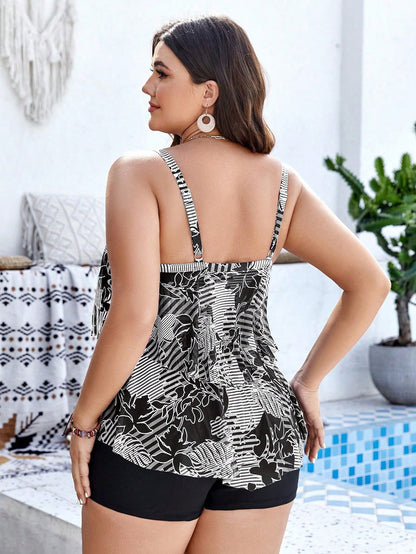 Swim Lushoire Plus Size Summer Beach Plant Print Tankini Set For Vacation