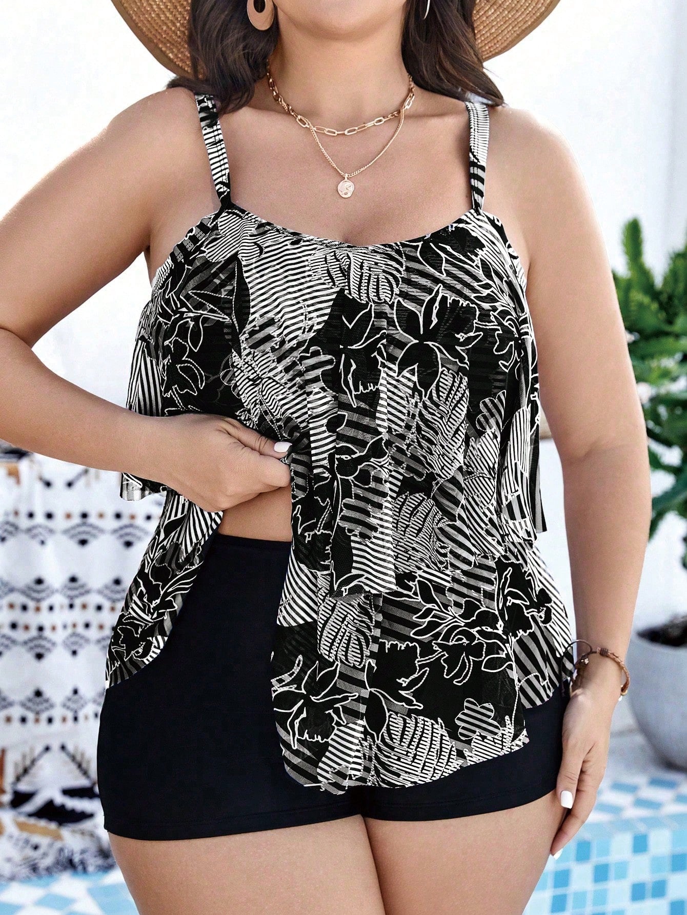 Swim Lushoire Plus Size Summer Beach Plant Print Tankini Set For Vacation