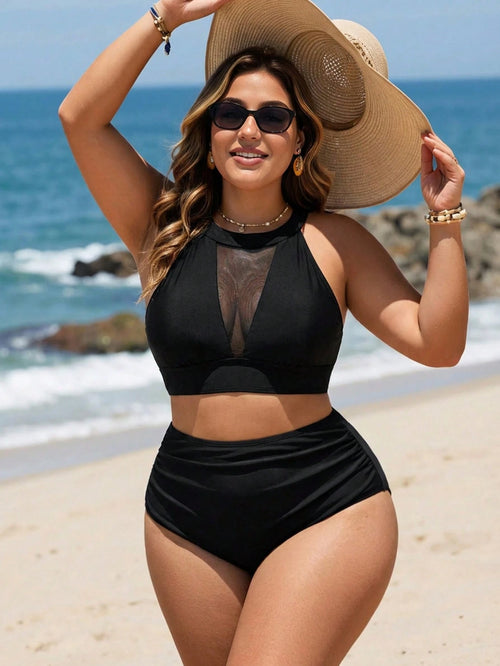 Swim Lushoire Plus Size Summer Beach Solid Color Top & Bikini Set Bottom Two-Piece Bikini Set