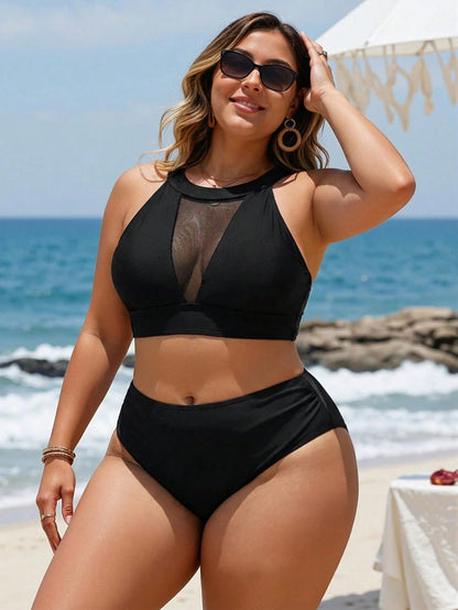 Swim Lushoire Plus Size Summer Beach Solid Color Top & Bikini Set Bottom Two-Piece Bikini Set