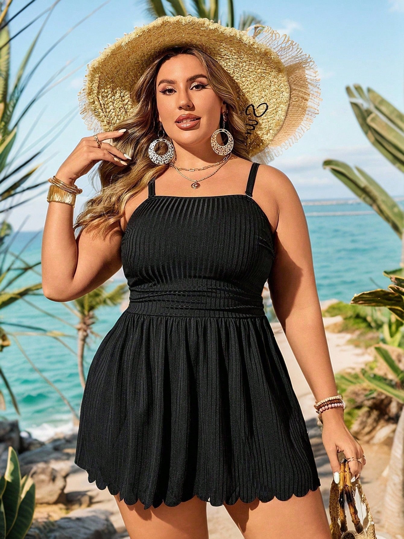 Swim Lushoire Plus Size Summer Solid Spaghetti Strap Swim Dress With Scallop Hem And Bikini Bottom, Suitable For Pool Wear,Summer Beach