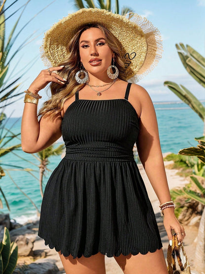 Swim Lushoire Plus Size Summer Solid Spaghetti Strap Swim Dress With Scallop Hem And Bikini Bottom, Suitable For Pool Wear,Summer Beach