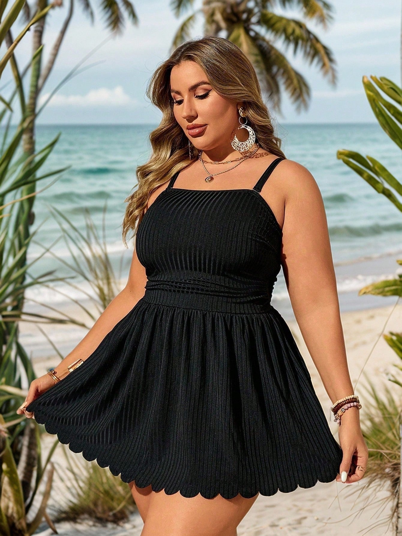 Swim Lushoire Plus Size Summer Solid Spaghetti Strap Swim Dress With Scallop Hem And Bikini Bottom, Suitable For Pool Wear,Summer Beach