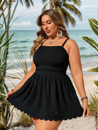 Swim Lushoire Plus Size Summer Solid Spaghetti Strap Swim Dress With Scallop Hem And Bikini Bottom, Suitable For Pool Wear,Summer Beach