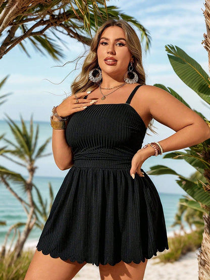 Swim Lushoire Plus Size Summer Solid Spaghetti Strap Swim Dress With Scallop Hem And Bikini Bottom, Suitable For Pool Wear,Summer Beach