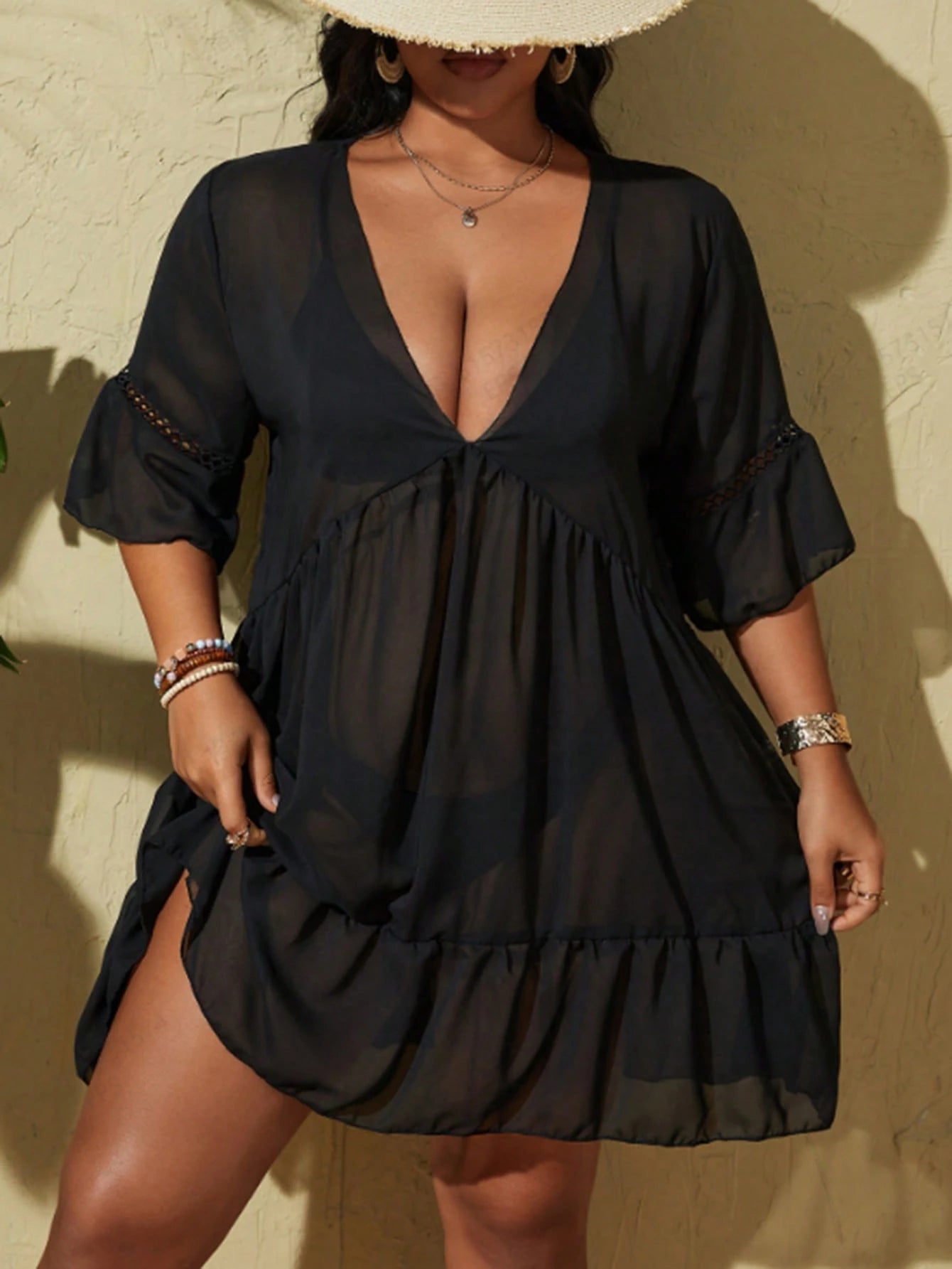 Swim Lushoire Plus Size Vacation Beach Solid Color Deep V-Neck Sheer Cover Up Dress,Summer Beach