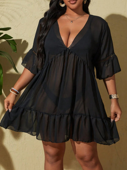 Swim Lushoire Plus Size Vacation Beach Solid Color Deep V-Neck Sheer Cover Up Dress,Summer Beach