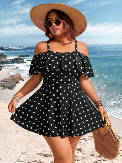 Swim Lushoire Plus Size Vacation Fashion Polka Dot Print Off-Shoulder Swim Dress And Swim Shorts Set